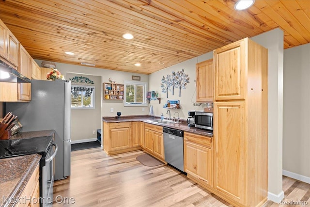 9220 Crofoot Rd, Fowlerville, MI 48836 - kitchen featuring appliances with stainless steel finishes, wooden ceiling, a sink, dark countertops, and light brown cabinetry