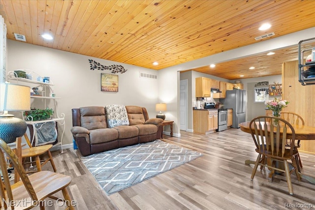 9220 Crofoot Rd, Fowlerville, MI 48836 - living room with wood ceiling, recessed lighting, light wood-style flooring, and baseboards