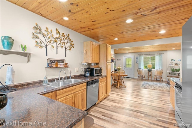 9220 Crofoot Rd, Fowlerville, MI 48836 - kitchen featuring stainless steel appliances, a sink, dark countertops, wooden ceiling, and light wood-style flooring