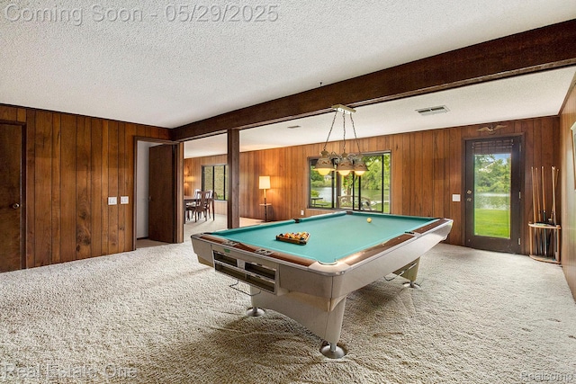 4976 Ledgewood Dr, Commerce Twp, MI 48382 - game room featuring carpet flooring, billiards, wood walls, a textured ceiling, and beamed ceiling