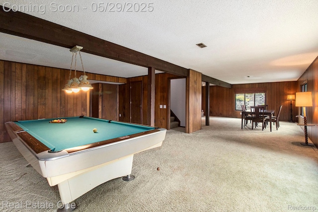 4976 Ledgewood Dr, Commerce Twp, MI 48382 - game room with wood walls, carpet flooring, billiards table, beam ceiling, and a textured ceiling