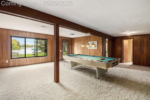 4976 Ledgewood Dr, Commerce Twp, MI 48382 - game room featuring carpet floors, wooden walls, billiards, and a textured ceiling