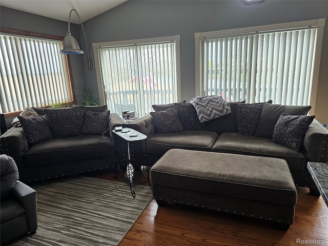 8889 Anchor Bay Dr, Clay, MI 48001 - living area with vaulted ceiling, wood finished floors, and healthy amount of natural light