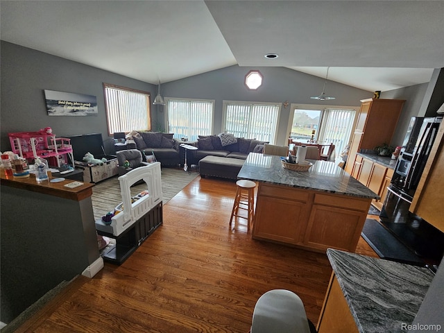 8889 Anchor Bay Dr, Clay, MI 48001 - living room featuring dark wood-style flooring and lofted ceiling