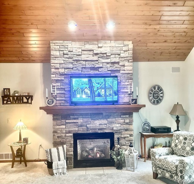 3217 Autumn View Ln, Metamora, MI 48455 - living room with wood ceiling, carpet, a stone fireplace, and baseboards