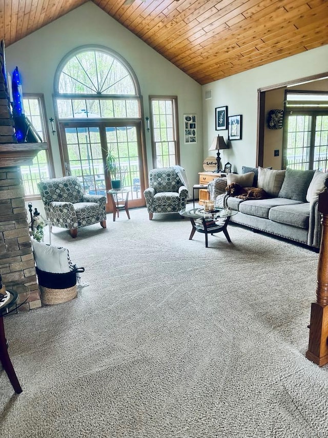 3217 Autumn View Ln, Metamora, MI 48455 - living room featuring carpet flooring, wood ceiling, vaulted ceiling, and plenty of natural light