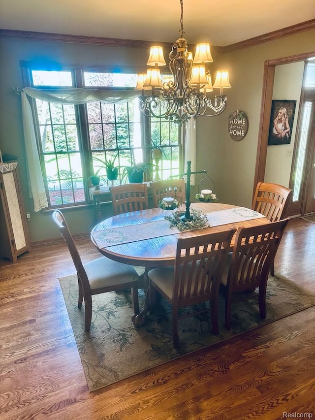 3217 Autumn View Ln, Metamora, MI 48455 - dining room with crown molding, a chandelier, wood finished floors, and baseboards