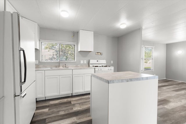 351 N Squirrel Rd, Auburn Hills, MI 48326 - kitchen with white appliances, a sink, dark wood finished floors, light countertops, and a kitchen island