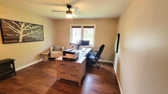 6192 N Shore Dr, West Bloomfield, MI 48324 - office area featuring dark wood-type flooring, baseboards, and a ceiling fan