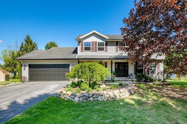 traditional-style house featuring an attached garage, asphalt driveway, a front lawn, covered porch, and a shingled roof