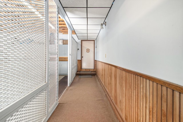 16972 James Dr, Big Rapids, MI 49307 - hallway featuring a wainscoted wall, wooden walls, a drop ceiling, and light colored carpet
