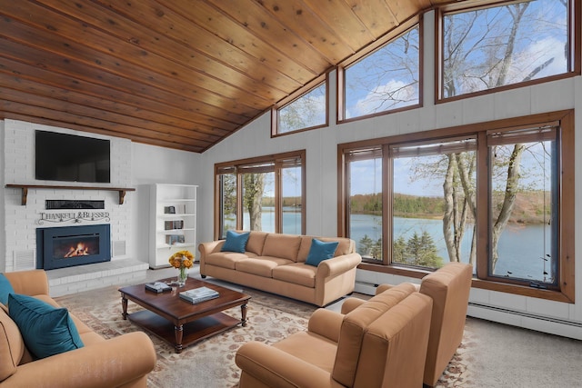 16972 James Dr, Big Rapids, MI 49307 - carpeted living room with a water view, high vaulted ceiling, a brick fireplace, wood ceiling, and a baseboard radiator