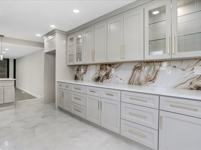 37305 Maas Dr, Sterling Heights, MI 48312 - bar area with recessed lighting, backsplash, baseboards, light marble finish floors, and decorative light fixtures