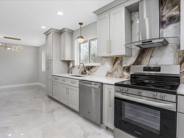 37305 Maas Dr, Sterling Heights, MI 48312 - kitchen featuring wall chimney exhaust hood, appliances with stainless steel finishes, light marble finish flooring, light countertops, and backsplash
