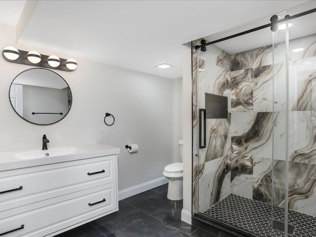 37305 Maas Dr, Sterling Heights, MI 48312 - bathroom featuring toilet, vanity, a marble finish shower, and tile patterned floors