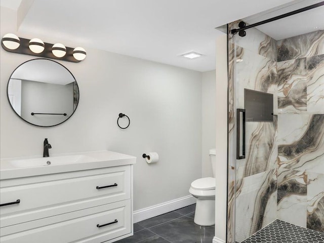 37305 Maas Dr, Sterling Heights, MI 48312 - bathroom featuring toilet, a marble finish shower, vanity, and baseboards