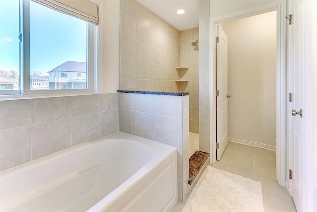 5134 Muirfield Ln, Clarkston, MI 48348 - full bathroom with plenty of natural light, a tile shower, a garden tub, tile patterned floors, and recessed lighting