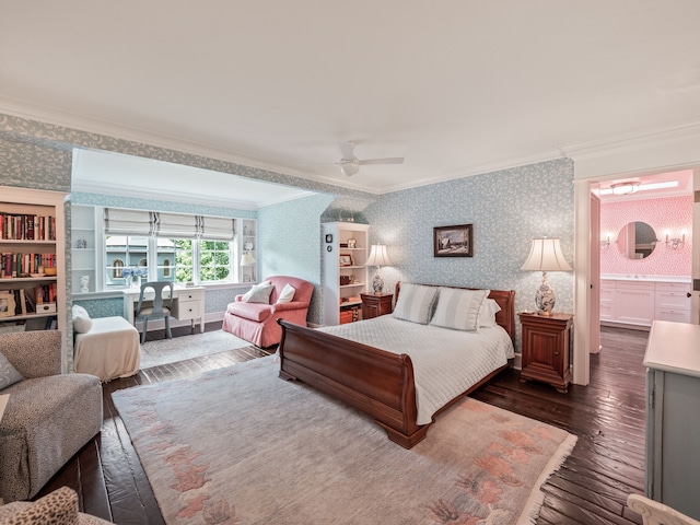 bedroom with wallpapered walls, crown molding, dark wood-style floors, and a ceiling fan