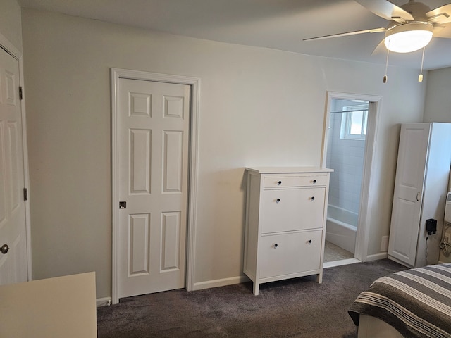 bedroom featuring dark carpet, baseboards, and ceiling fan