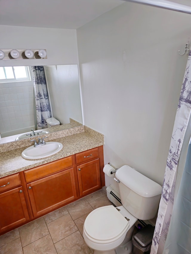 full bathroom featuring toilet, curtained shower, vanity, baseboard heating, and tile patterned flooring