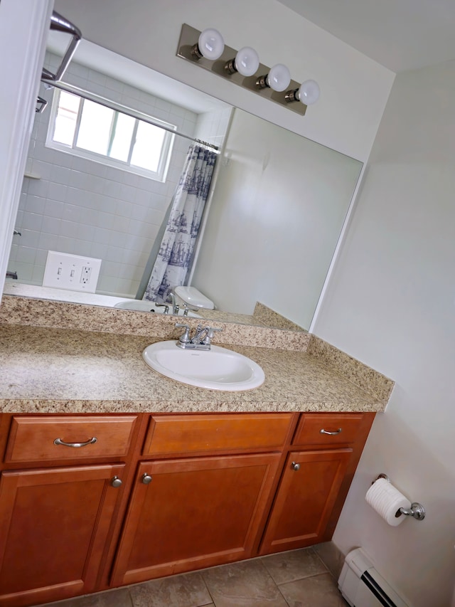full bath with a baseboard radiator, curtained shower, vanity, and tile patterned flooring
