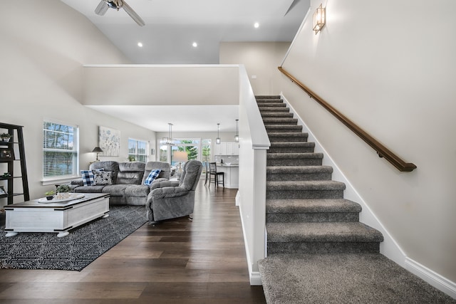 153 Tippi Trl, Buckley, MI 49620 - living room with dark wood-type flooring, a ceiling fan, stairway, and recessed lighting