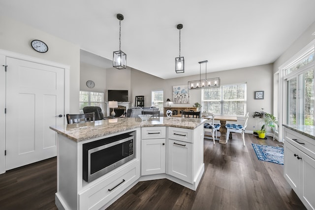 153 Tippi Trl, Buckley, MI 49620 - kitchen with stainless steel microwave, dark wood finished floors, white cabinets, and light stone countertops