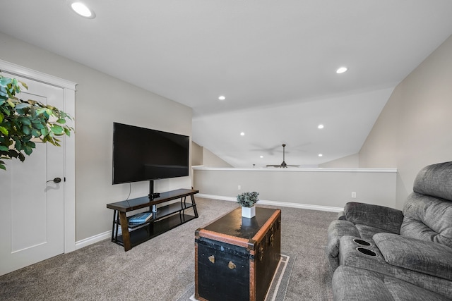 153 Tippi Trl, Buckley, MI 49620 - living area featuring carpet, a ceiling fan, baseboards, vaulted ceiling, and recessed lighting