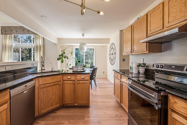 1953 Harley Ct, Ann Arbor, MI 48103 - kitchen featuring stainless steel appliances, under cabinet range hood, a sink, dark countertops, and light wood-style floors