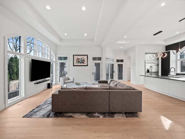330 Ferndale Ave, Birmingham, MI 48009 - living area featuring a tray ceiling, plenty of natural light, light wood-style floors, and recessed lighting