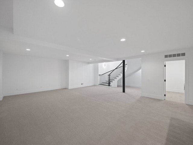 330 Ferndale Ave, Birmingham, MI 48009 - finished basement with stairway, recessed lighting, light colored carpet, and baseboards