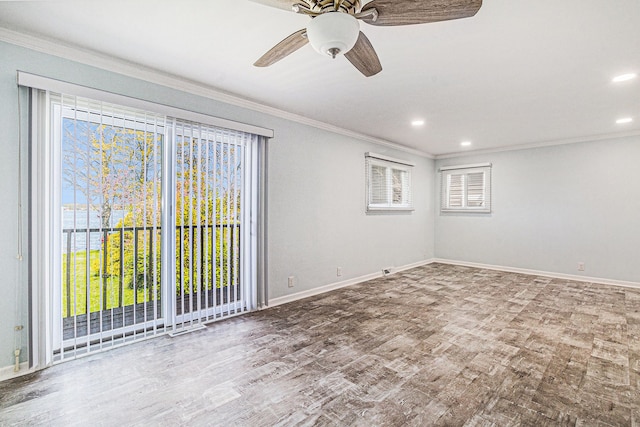 7262 Hatchery Rd, Waterford, MI 48327 - spare room featuring ornamental molding, ceiling fan, baseboards, wood finished floors, and recessed lighting