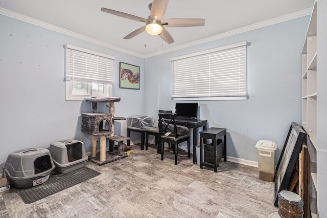 7262 Hatchery Rd, Waterford, MI 48327 - office space with ceiling fan, wood finished floors, crown molding, and baseboards