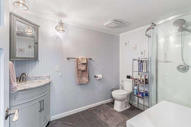 7262 Hatchery Rd, Waterford, MI 48327 - full bath with ornamental molding, a stall shower, toilet, vanity, and baseboards