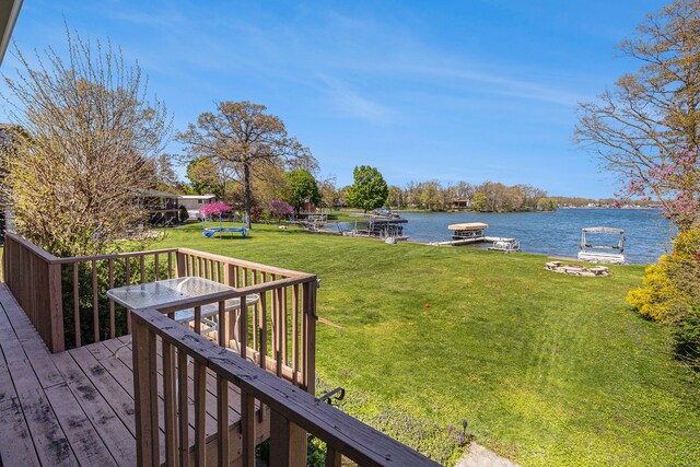 7262 Hatchery Rd, Waterford, MI 48327 - wooden terrace featuring a water view, a lawn, and a dock