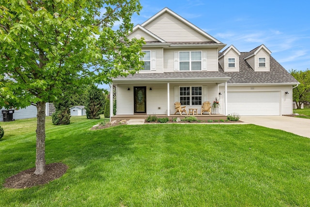 121 Fox Meadows Ct, Howell, MI 48843 - view of front facade featuring a porch, driveway, a garage, a front lawn, and roof with shingles