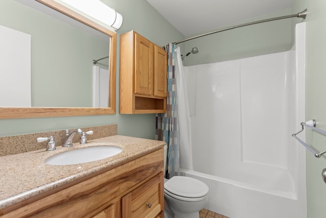 full bathroom with shower / bath combo, toilet, and vanity