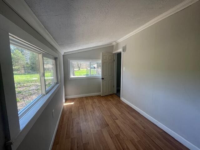 519 Whaley St, Cadillac, MI 49601 - unfurnished room featuring a textured ceiling, lofted ceiling, wood finished floors, ornamental molding, and baseboards