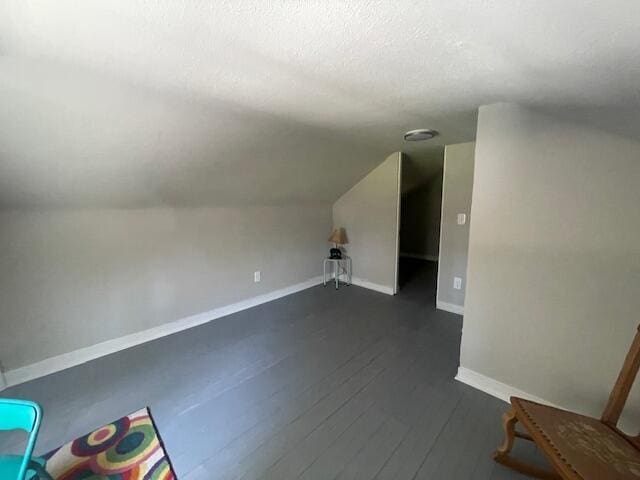 519 Whaley St, Cadillac, MI 49601 - additional living space with lofted ceiling, a textured ceiling, baseboards, and dark wood finished floors