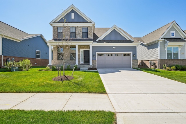 5534 Helmsdale Blvd, West Bloomfield, MI 48322 - craftsman inspired home with board and batten siding, driveway, a front lawn, a garage, and covered porch