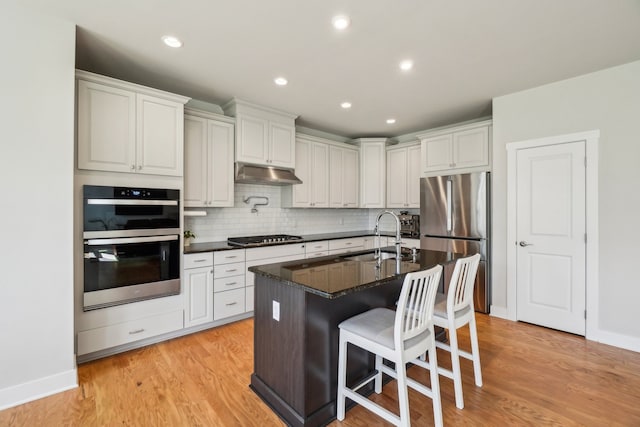 5534 Helmsdale Blvd, West Bloomfield, MI 48322 - kitchen featuring a sink, appliances with stainless steel finishes, under cabinet range hood, light wood-type flooring, and recessed lighting
