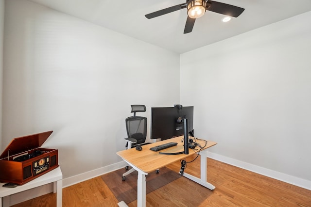 5534 Helmsdale Blvd, West Bloomfield, MI 48322 - home office with a ceiling fan, wood finished floors, and baseboards