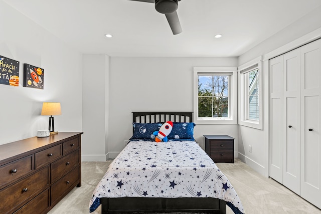 1486 Cedar Dr, Birmingham, MI 48009 - bedroom featuring light colored carpet, baseboards, recessed lighting, and a ceiling fan