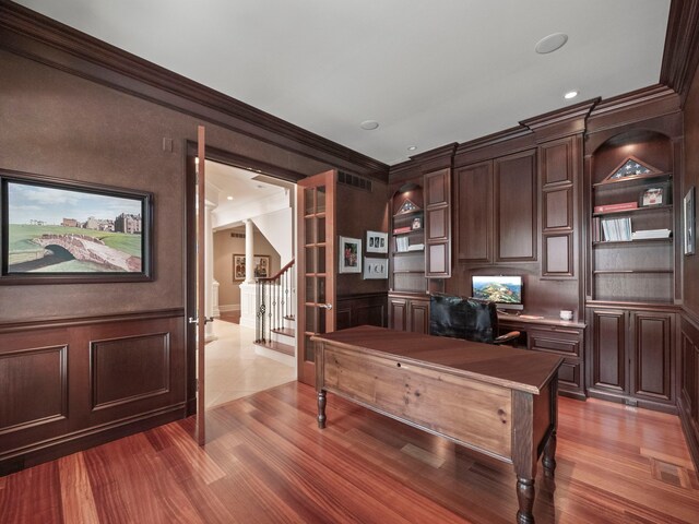 3418 Westchester Rd, Bloomfield Hills, MI 48304 - office space with crown molding, a decorative wall, light wood finished floors, recessed lighting, and wainscoting