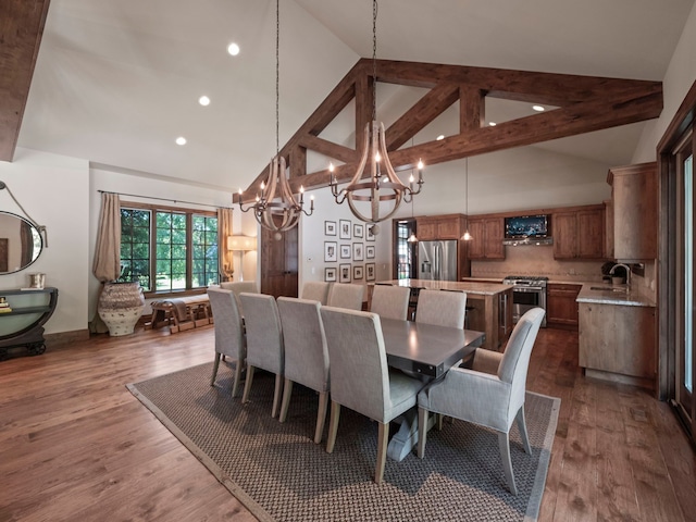 3418 Westchester Rd, Bloomfield Hills, MI 48304 - dining space with a chandelier, high vaulted ceiling, recessed lighting, dark wood-style flooring, and beam ceiling