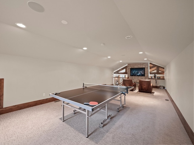 3418 Westchester Rd, Bloomfield Hills, MI 48304 - rec room featuring carpet flooring, vaulted ceiling, baseboards, and recessed lighting