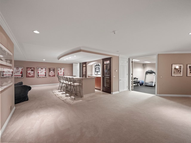 3418 Westchester Rd, Bloomfield Hills, MI 48304 - indoor bar featuring light colored carpet, crown molding, recessed lighting, baseboards, and arched walkways