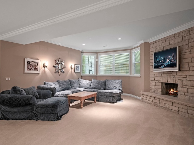 3418 Westchester Rd, Bloomfield Hills, MI 48304 - living room with carpet, ornamental molding, a fireplace, and baseboards