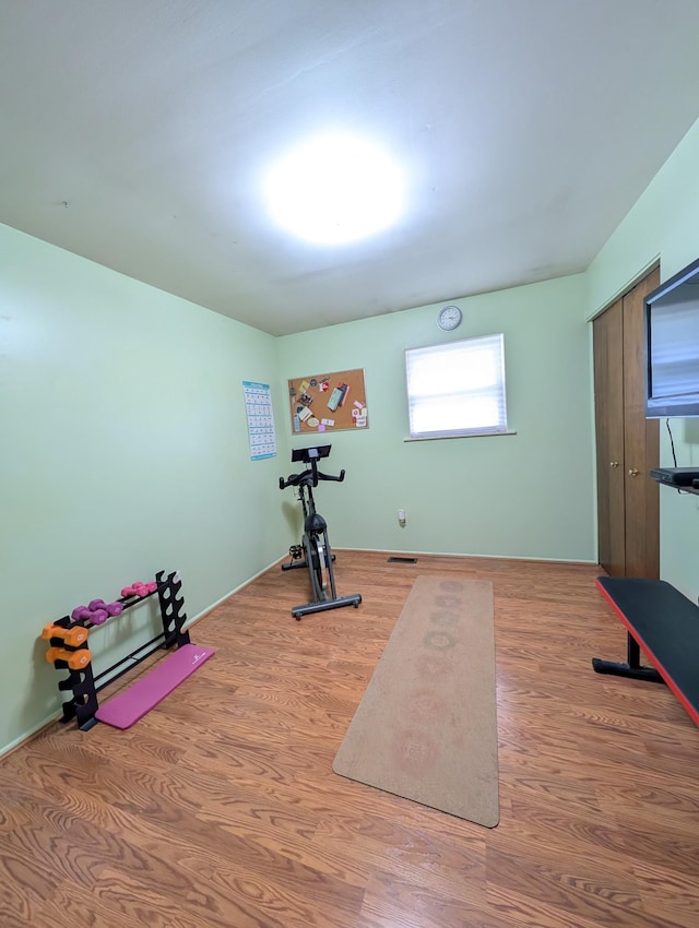 workout area with wood finished floors