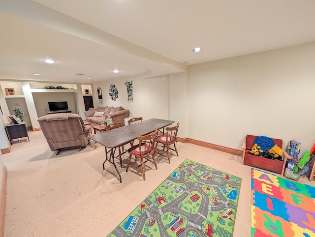 rec room featuring recessed lighting and baseboards